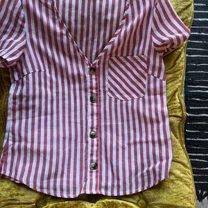 Red and White Striped Button-Up Shirt